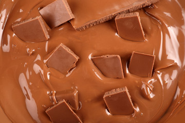 Background of melted milk chocolate and pieces of bar, close-up