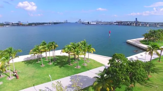 Aerial 4K video at Museum Park Downtown Miami and cruise terminals.