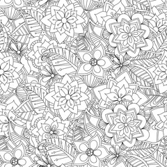 Doodle flowers seamless pattern. Zentangle style background. Black and white hand-drawn pattern.
