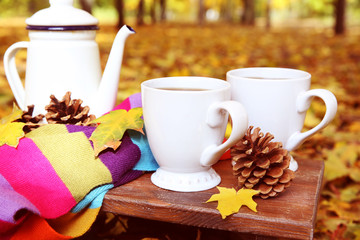 Autumn composition with hot beverage on nature background