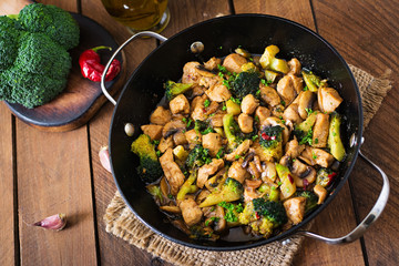 Stir fry chicken with broccoli and mushrooms - Chinese food. 