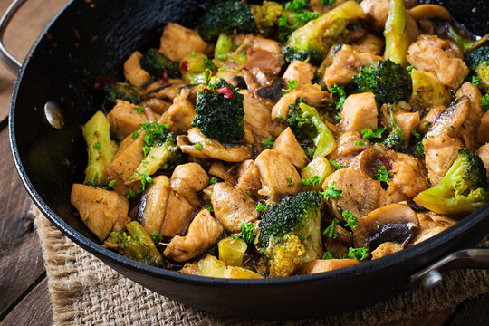 Stir fry chicken with broccoli and mushrooms - Chinese food. 