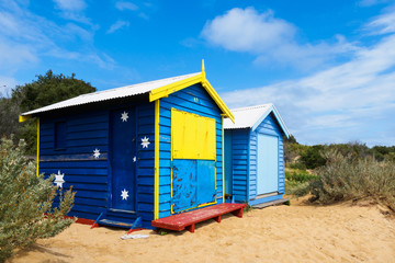 Fototapeta na wymiar Colorful bath houses, Brighton Beach in Melbourne