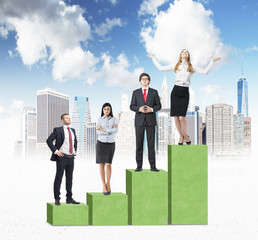 Stairs as a huge green bar chart with sketched New York City. Business people are standing on each...