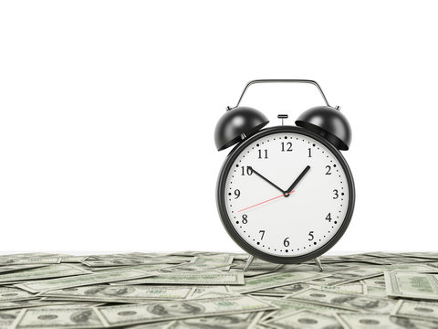An alarm clock is settled on the surface which is covered by dollar notes. White background. 3D rendering.