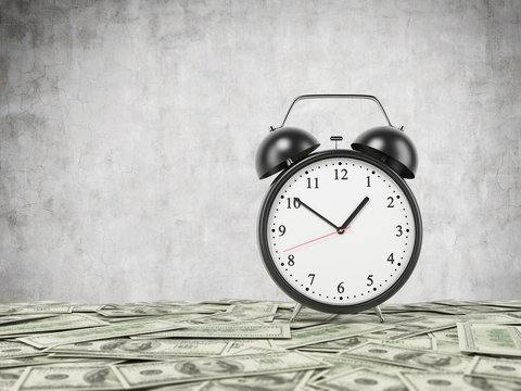 An alarm clock is settled on the surface which is covered by dollar notes. Concrete background. 3D rendering.