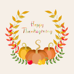 Fototapeta na wymiar Round Pumpkins And Leaves Thanksgiving Card