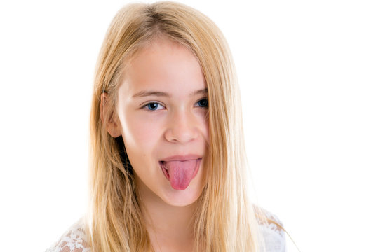 blond girl stick out the tongue