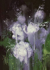 painting showing abstract flowers,paint dripping from white flowers