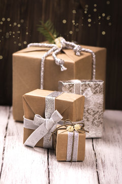 Christmas gifts, toned image. Vintage style. Selective focus