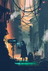 Foto op Plexiglas sci-fi scene of robot using futuristic computer in city street,illustration painting © grandfailure