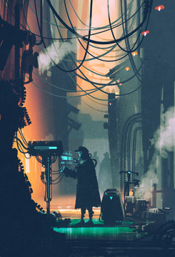 sci-fi scene of robot using futuristic computer in city street,illustration painting