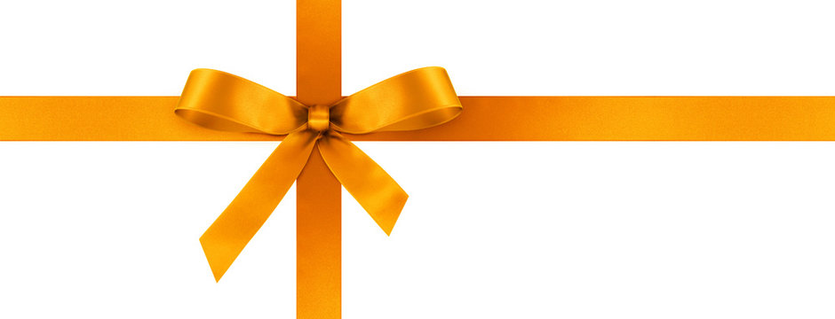 Orange Geschenkschleife und Geschenkband aus orangefarbenem Satin Panorama - Geschenk, Schleife, Band - Isoliert - wei&szlig;er Hintergrund. Banner Vorlage f&uuml;r Gru&szlig;karten und Postkarten