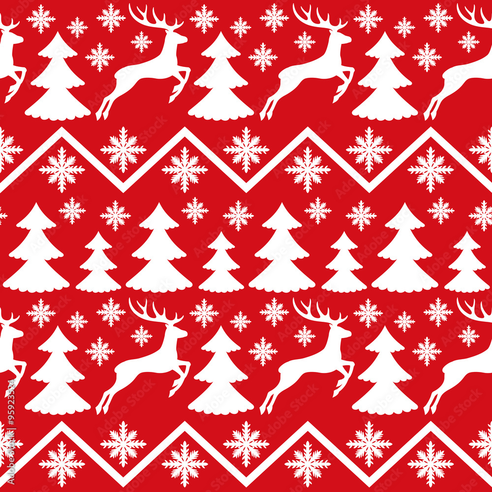 Wall mural deer and trees on red pattern for seamless background.
