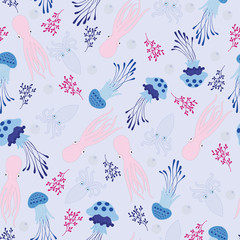 Octopus and Jellyfish pattern. Seamless pattern background.