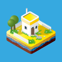 Modern illustration of an Isometric Building in suburb. Isometric city element. 3d buildings icon isolated on blue background.
