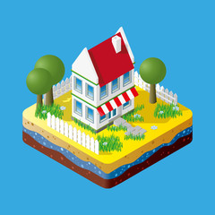 Modern illustration of an Isometric Building in suburb. Isometric city element. 3d buildings icon isolated on blue background.