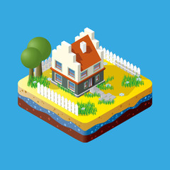 Modern illustration of an Isometric Building in suburb. Isometric city element. 3d buildings icon isolated on blue background.
