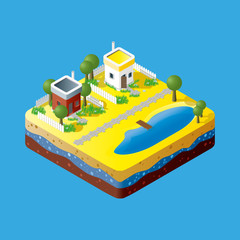 Modern illustration of an Isometric Building in suburb. Isometric city element. 3d buildings icon isolated on blue background.