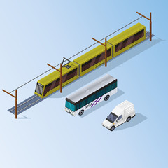 Illustration of an yellow tram, white bus and car. Modern transport icon.