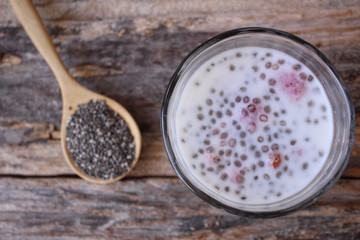 Chia seeds and milk with strawberry
