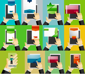 Set of smartphones, tablets with blank web boxes and businessman assistant characters