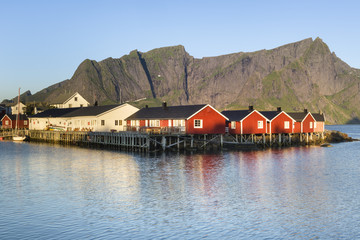 Fototapeta na wymiar Red fishing hut (rorbu) on the Hamnoy island, Lofoten, Norway