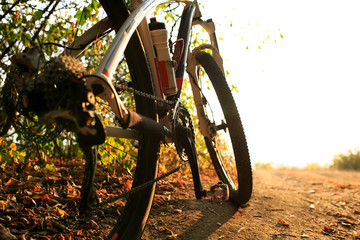 Detail of cyclist man feet riding mountain bike on outdoor
