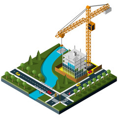 Modern isometric industrial crane. Industrial crane icon. Isometric construction site.