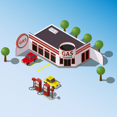 Old isometric GAS Petrol Service Station . American gas station icon.