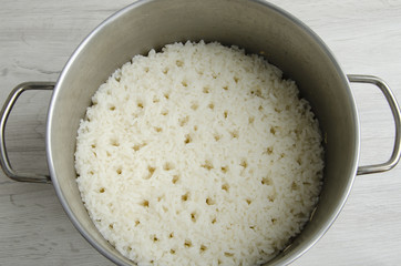 Boiled rice in a pot
