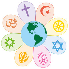 World religions united on a colorful flower with planet earth in center. Isolated vector illustration on white background.