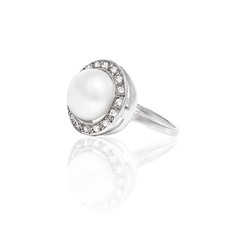 Silver ring with pearl isolated on white background