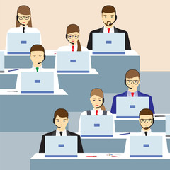 Men and women working in a call center. Support service.