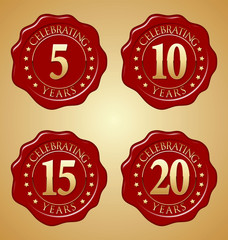 Vector Set of Anniversary Red Wax Seal  5th, 10th, 15th, 20th
