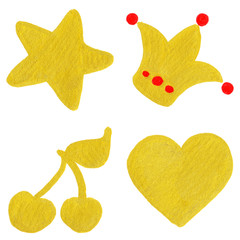 Golden yellow velvet star crown cherry heart symbol set isolated