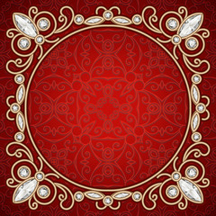 Vintage gold jewelry frame on red background
