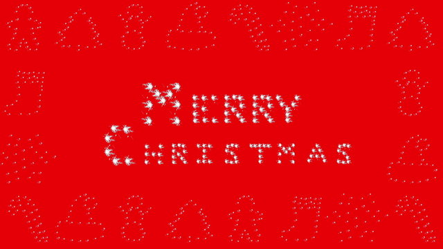 Merry Christmas greeting with icons gingerbread man, tree, snowman, santa hat, candy cane, stocking, star and snowflake border on red.