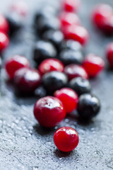 Cranberry, mountain ash, cranberry, aronia, on a wet dark stone
