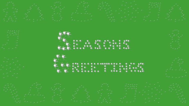 Seasons Greetings message with Christmas icons gingerbread man, tree, snowman, santa hat, candy cane, stocking, star and snowflake border on green screen.