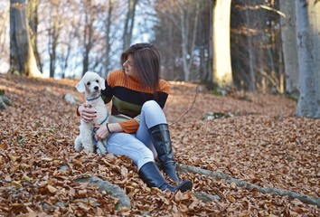 Naklejka na ściany i meble A girl with her dog in colorful autumn