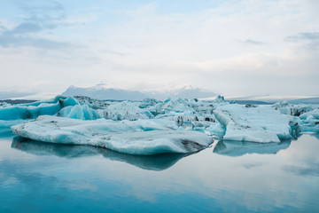 Climate change and global warming. Glacier melting in Iceland. Floating icebergs in Jokulsarlon...