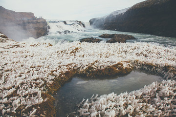 Gullfost waterfall in winter time. Frost at waterall in Iceland.