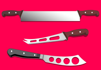 Saw and knives for cheese, vector illustration