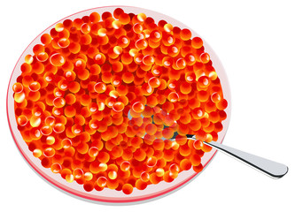 Plate with red caviar and spoon, vector