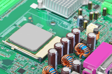 Printed computer motherboard with microcircuit, close-up