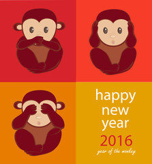 Wise monkeys. Happy New Year 2016. See no evil, speak no evil, hear no evil. Year of the monkey.