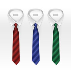 Set of Tied Striped Colored Silk Ties and Bow Ties Collection Vector Realistic Illustration Isolated on White Background
