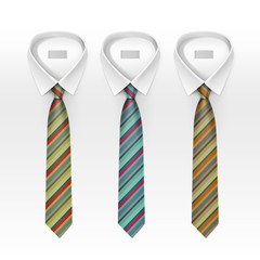 Set of Tied Striped Colored Silk Ties and Bow Ties Collection Vector Realistic Illustration Isolated on White Background