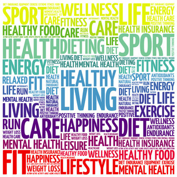 Healthy Living word cloud background, health concept